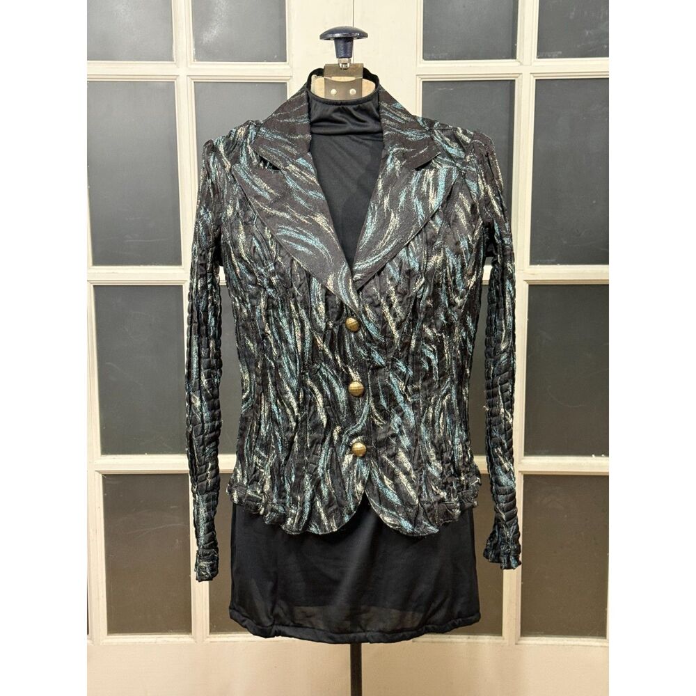 Alexandra Rosati Teal Metallic Crinkle Shimmer Jacket Artsy Whimsigoth Large